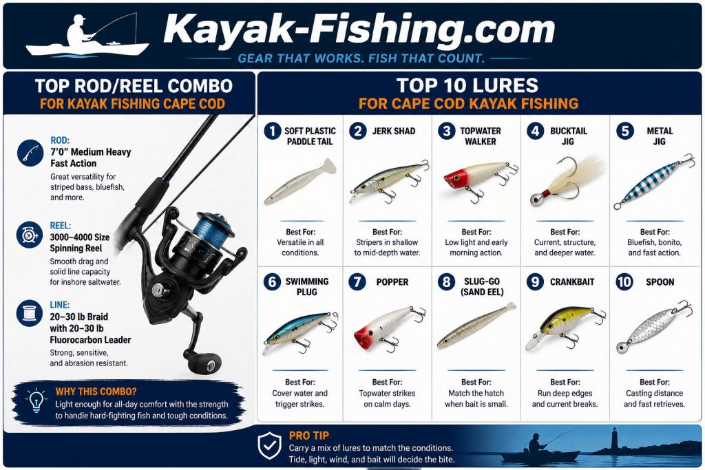 Kayak Fishing Cape Cod rod and reel combo with top lures for striped bass and bluefish