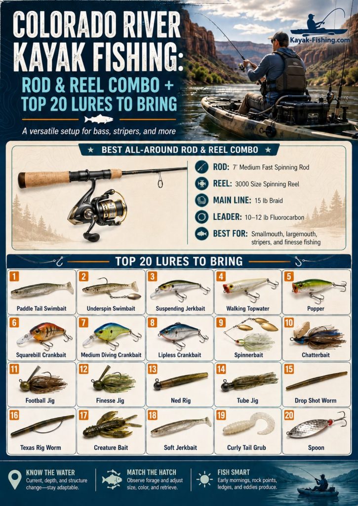 Best lures and rod and reel combo for kayak fishing the Colorado River
