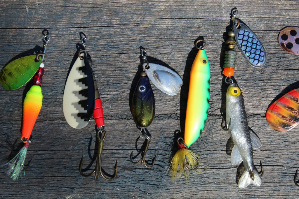 Assortment of freshwater fishing lures.