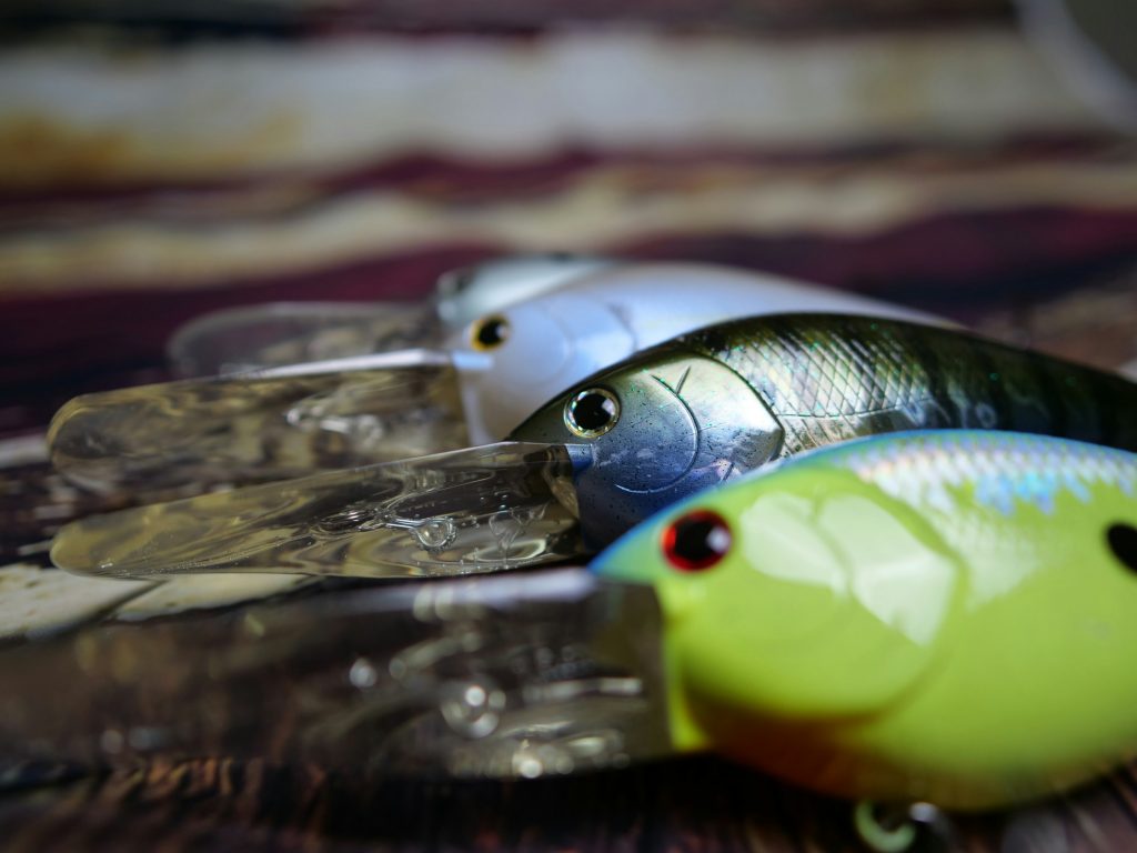 Freshwater lures used for bass and striper fishing.