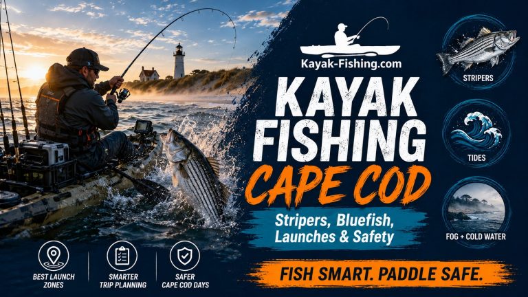 Kayak angler fishing Cape Cod flats for striped bass and bluefish in cold coastal conditions