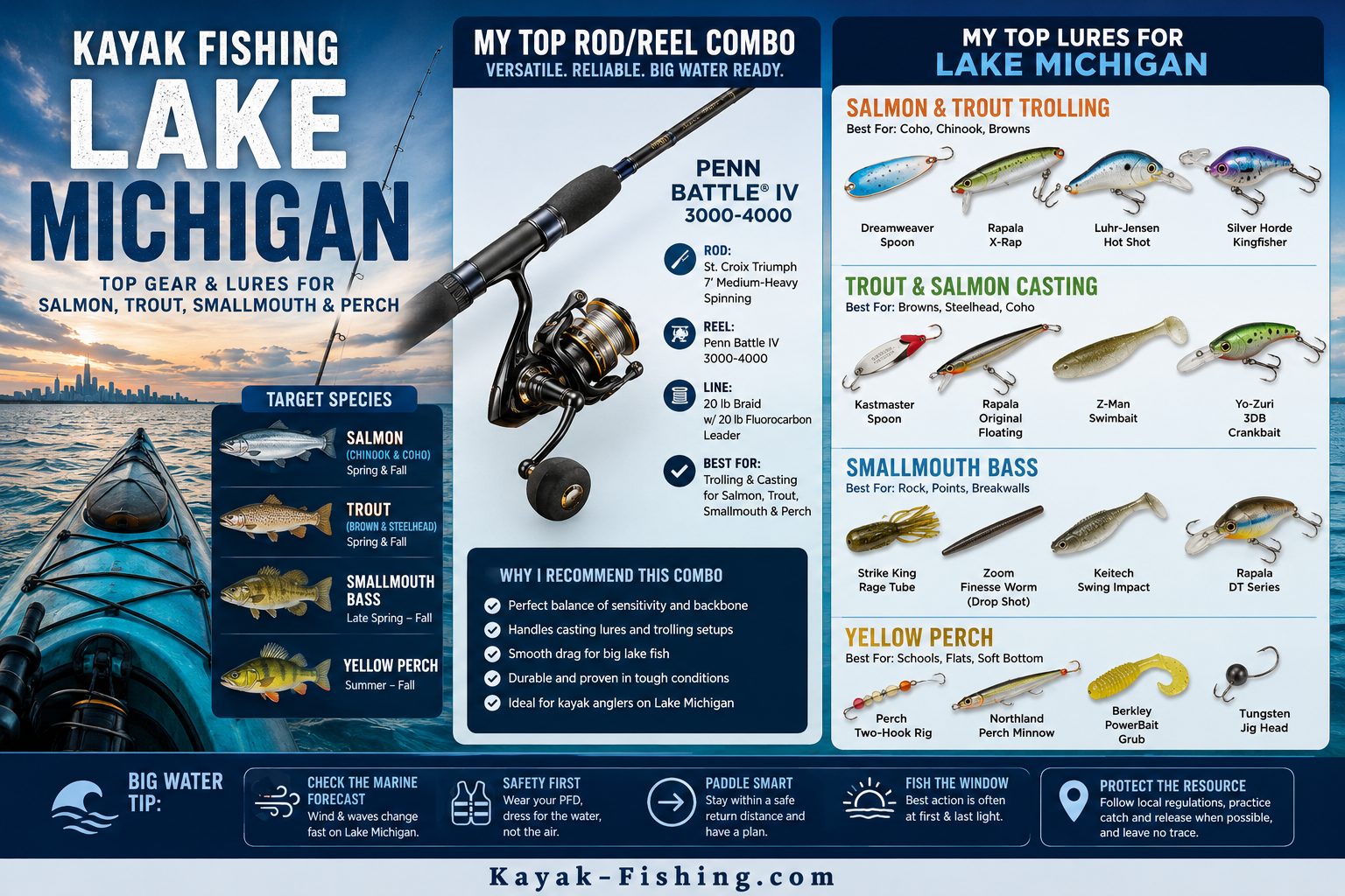 Kayak Fishing Lake Michigan Rod & Reel and Lure Cheat Sheet