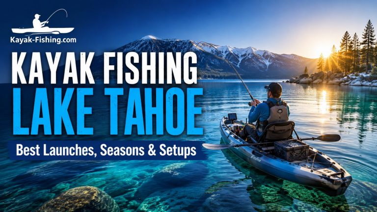 Kayak Fishing Lake Tahoe near clear mountain shoreline for trout and smallmouth bass