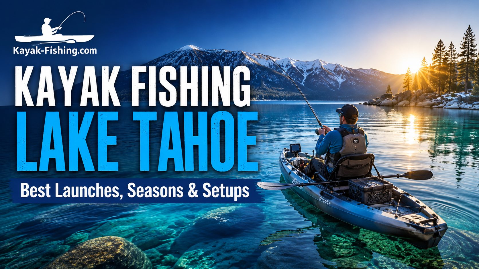 Kayak Fishing Lake Tahoe near clear mountain shoreline for trout and smallmouth bass