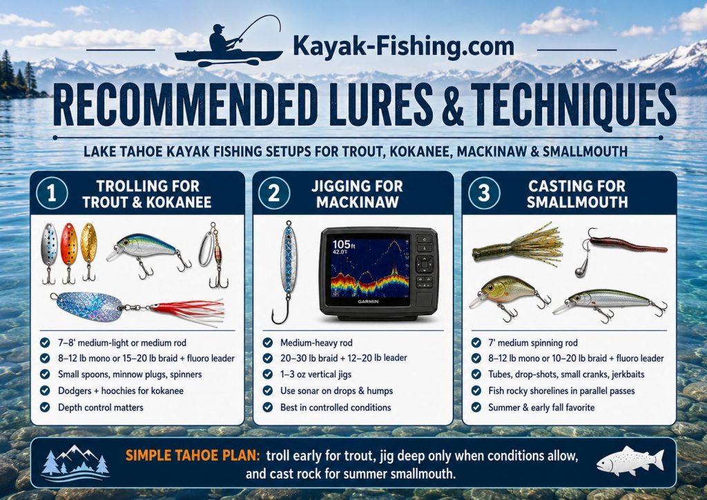 Recommended lures and techniques for Kayak Fishing Lake Tahoe including trout trolling, mackinaw jigging, and smallmouth casting.