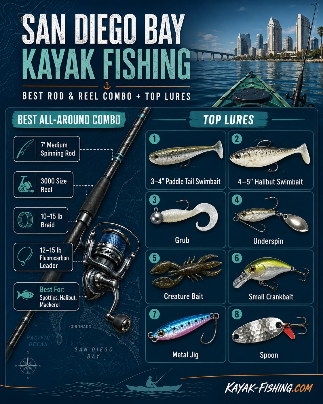 Kayak Fishing San Diego Bay Rod, Reel and lure must-haves