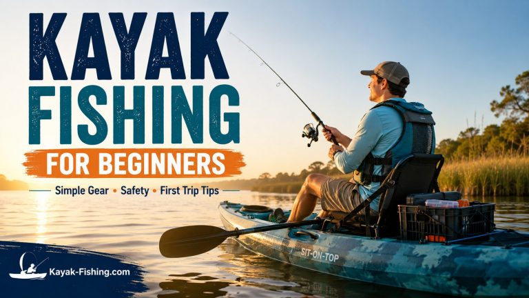Kayak fishing for beginners featured image showing an angler in a sit-on-top fishing kayak on calm water with simple gear, safety, and first-trip tips.