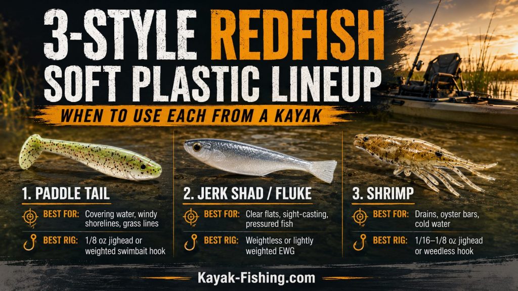 Three best soft plastics for redfish kayak fishing including paddle tail, jerk shad, and shrimp lure