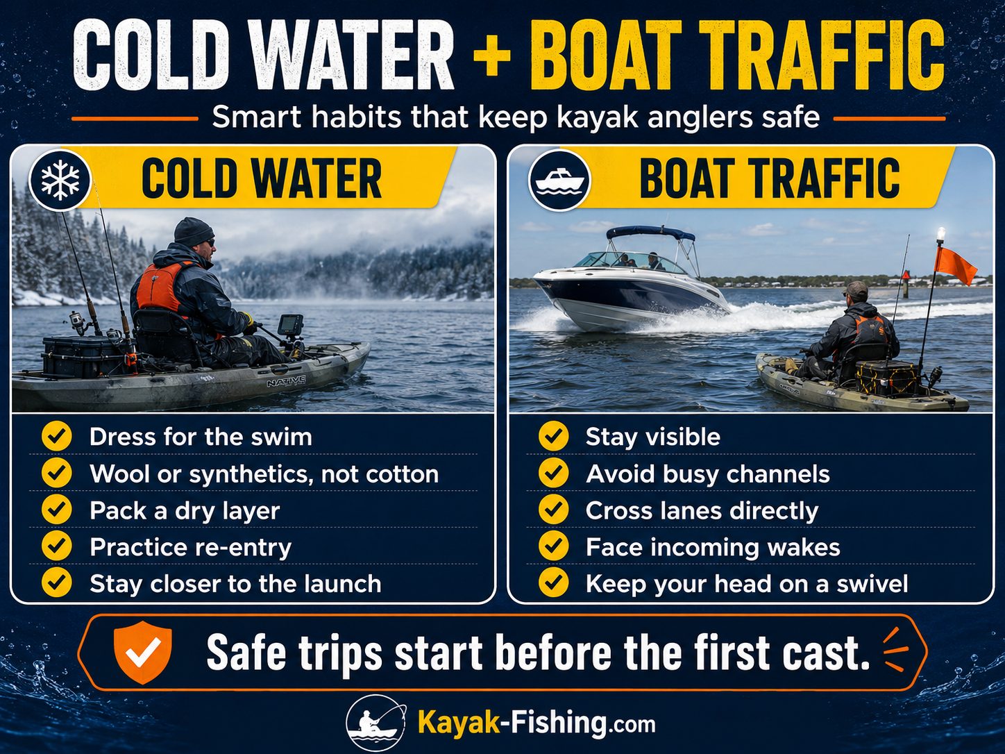 Kayak fishing safety infographic showing cold water tips and boat traffic safety habits for kayak anglers