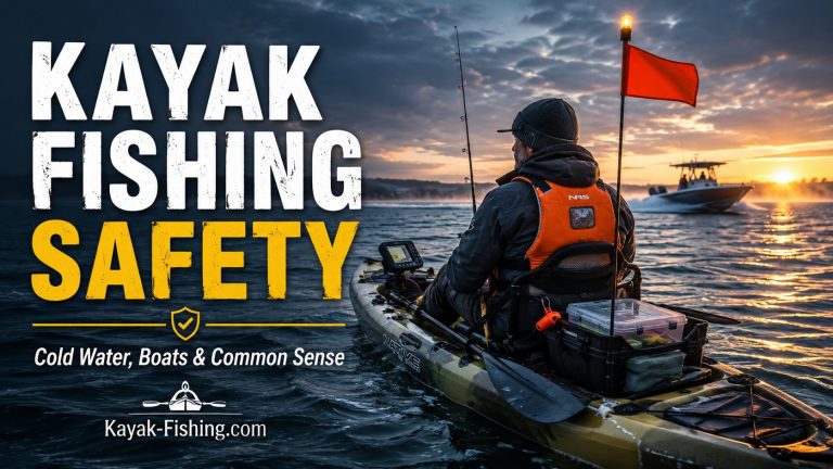 Kayak angler wearing a PFD on cold water at sunrise with a safety flag and boat traffic nearby