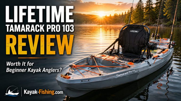 Lifetime Tamarack Pro 103 fishing kayak on calm water with framed seat, rod holders, and review text