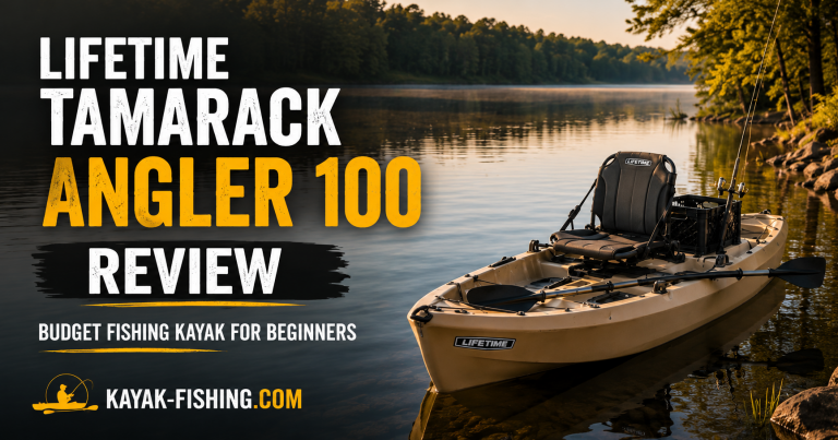 Lifetime Tamarack Angler 100 fishing kayak on a calm lake with review title graphic