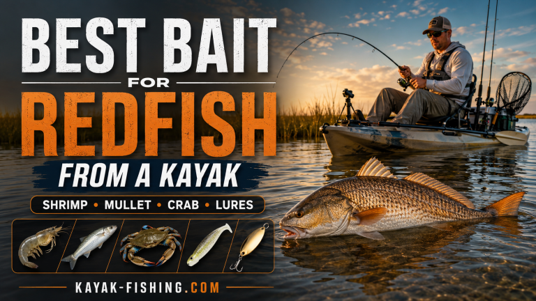 Graphic showing redfish bait options for kayak fishing: shrimp, mullet, blue crab, paddle tail, and gold spoon