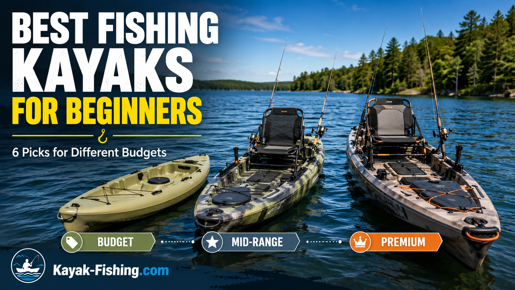Three beginner fishing kayaks representing budget, mid-range, and premium options on a calm lake
