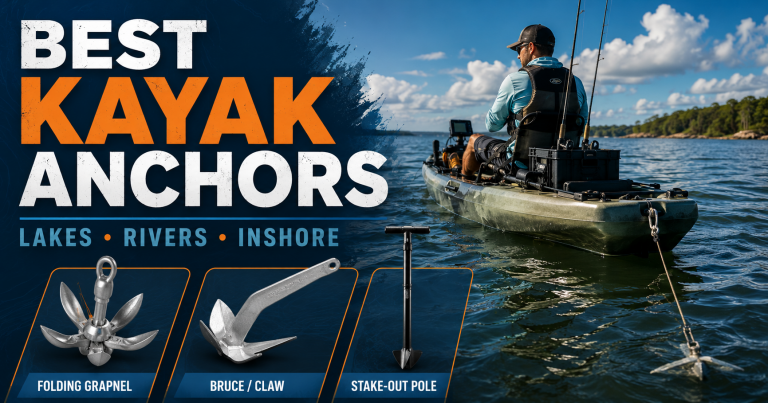 Best kayak anchors for fishing, including folding grapnel, Bruce claw, and stake-out pole options