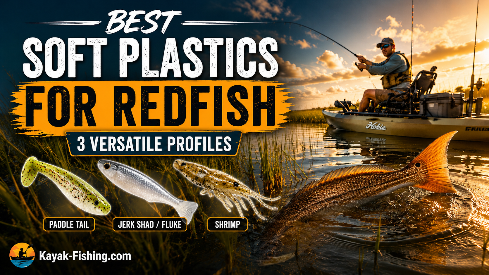 Paddle tail, jerk shad, and shrimp-style soft plastics for redfish kayak fishing