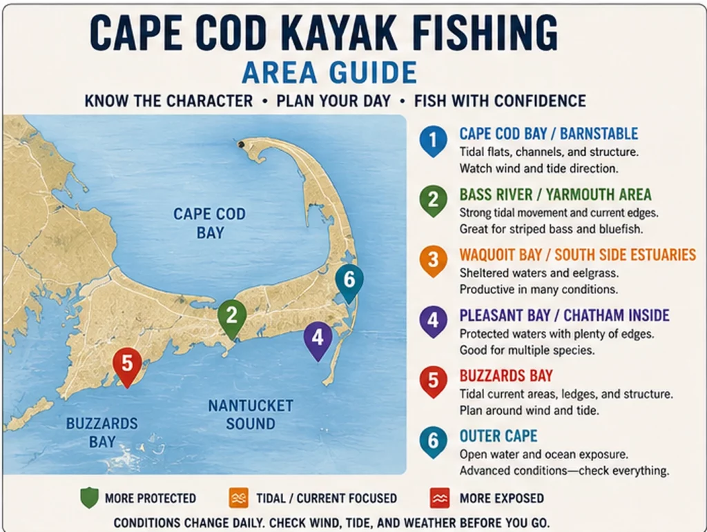 Cape Cod kayak fishing area guide showing Cape Cod Bay, Bass River, Waquoit Bay, Pleasant Bay, Buzzards Bay, and the Outer Cape