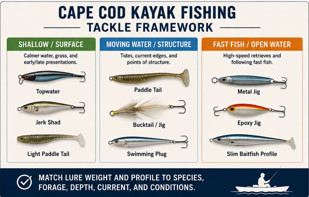 Infographic grouping Cape Cod kayak fishing lures for shallow water, moving water and structure, and fast fish in open water