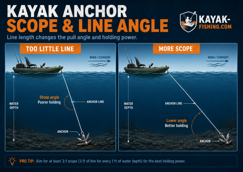 Kayak anchor scope diagram comparing a steep anchor line angle with a longer, lower-angle anchor line
