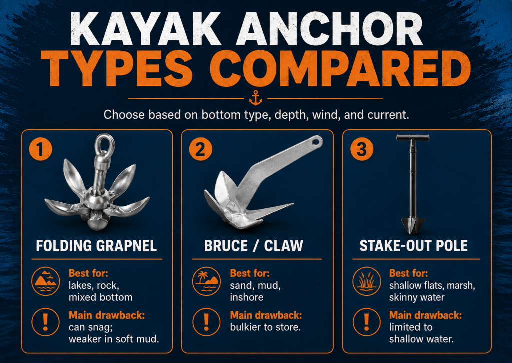 Kayak anchor types compared, including folding grapnel, Bruce claw, and stake-out pole anchors
