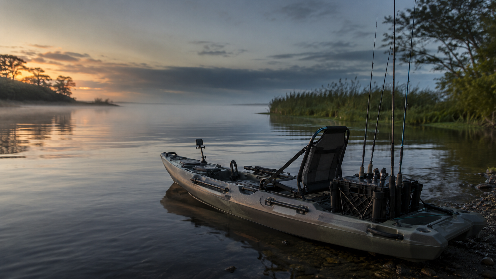 Rigged fishing kayak at the shoreline on calm water at first light