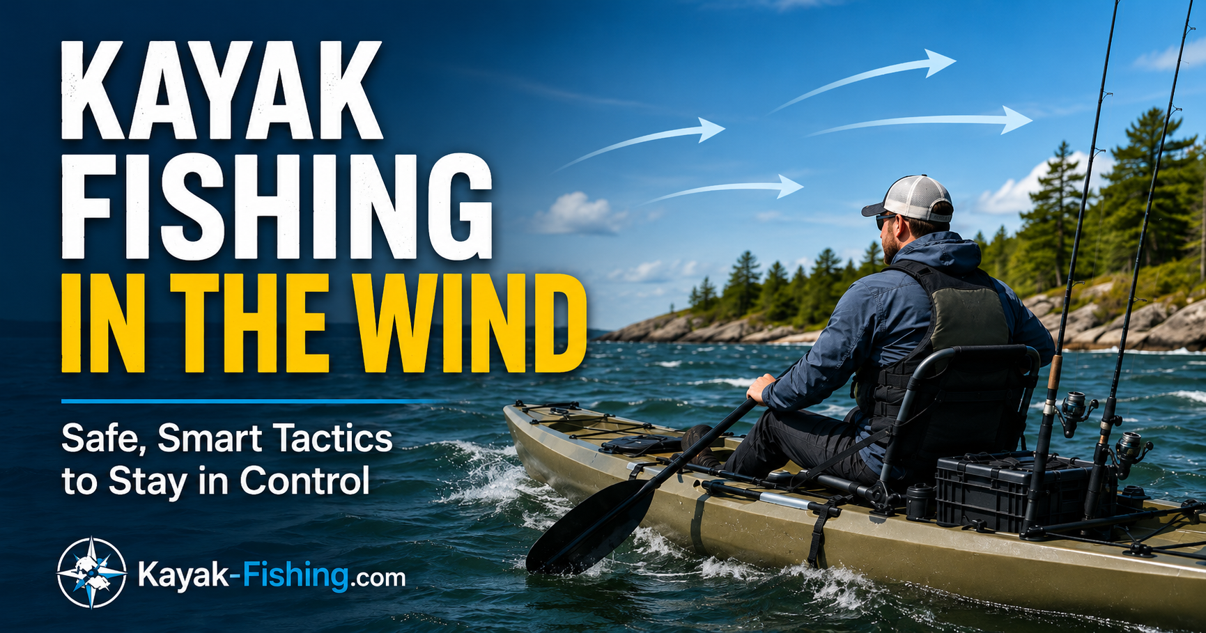 Kayak angler controlling a fishing kayak in windy, choppy water near a protected shoreline