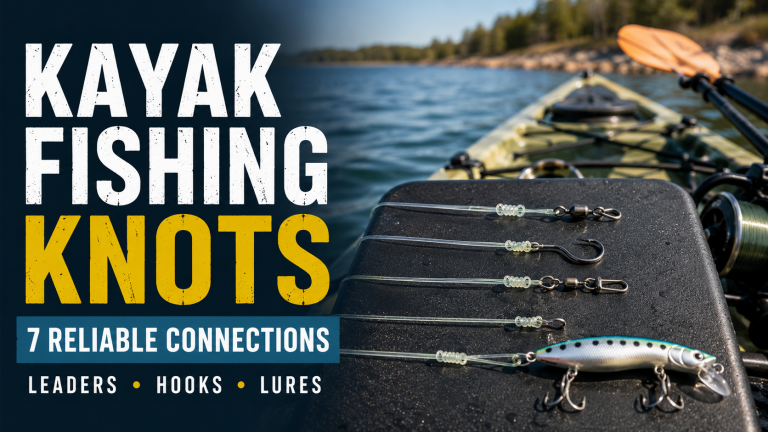 Graphic for a kayak fishing knots guide showing common fishing rigs and the text 7 reliable connections
