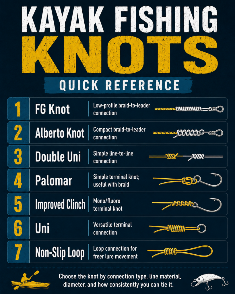 Infographic showing seven kayak fishing knots and their main uses, including FG, Alberto, Double Uni, Palomar, Improved Clinch, Uni, and Non-Slip Loop