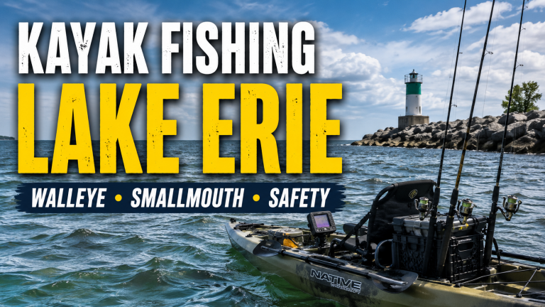 Fishing kayak on big open water with breakwall and lighthouse illustrating a Lake Erie kayak fishing guide