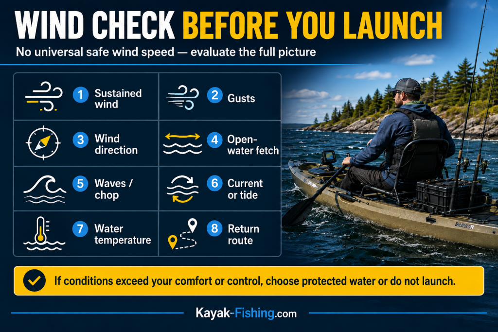 Kayak fishing wind checklist showing sustained wind, gusts, wind direction, fetch, waves, current, water temperature, and return route