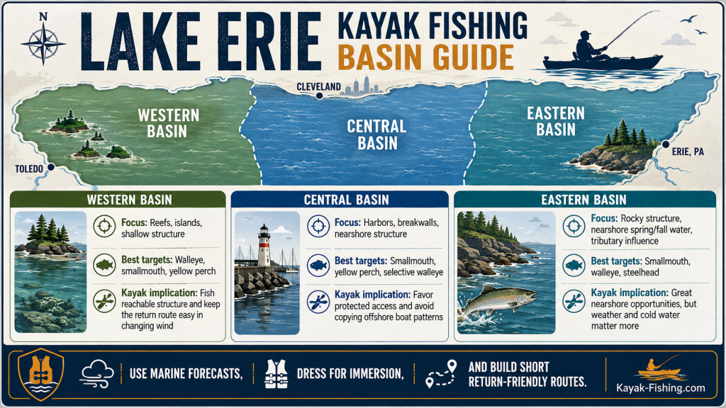 Infographic comparing the Western Basin, Central Basin, and Eastern Basin for Lake Erie kayak fishing