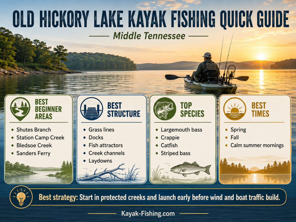 Old Hickory Lake kayak fishing quick guide showing beginner areas, structure, target species and best times