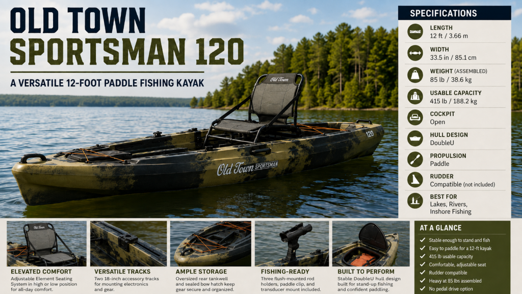 Old Town Sportsman 120 specs and features including weight, capacity, seat, storage and fishing layout