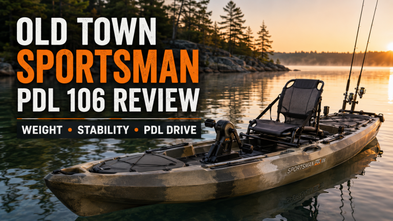 Old Town Sportsman PDL 106 fishing kayak with text highlighting weight, stability, and PDL drive